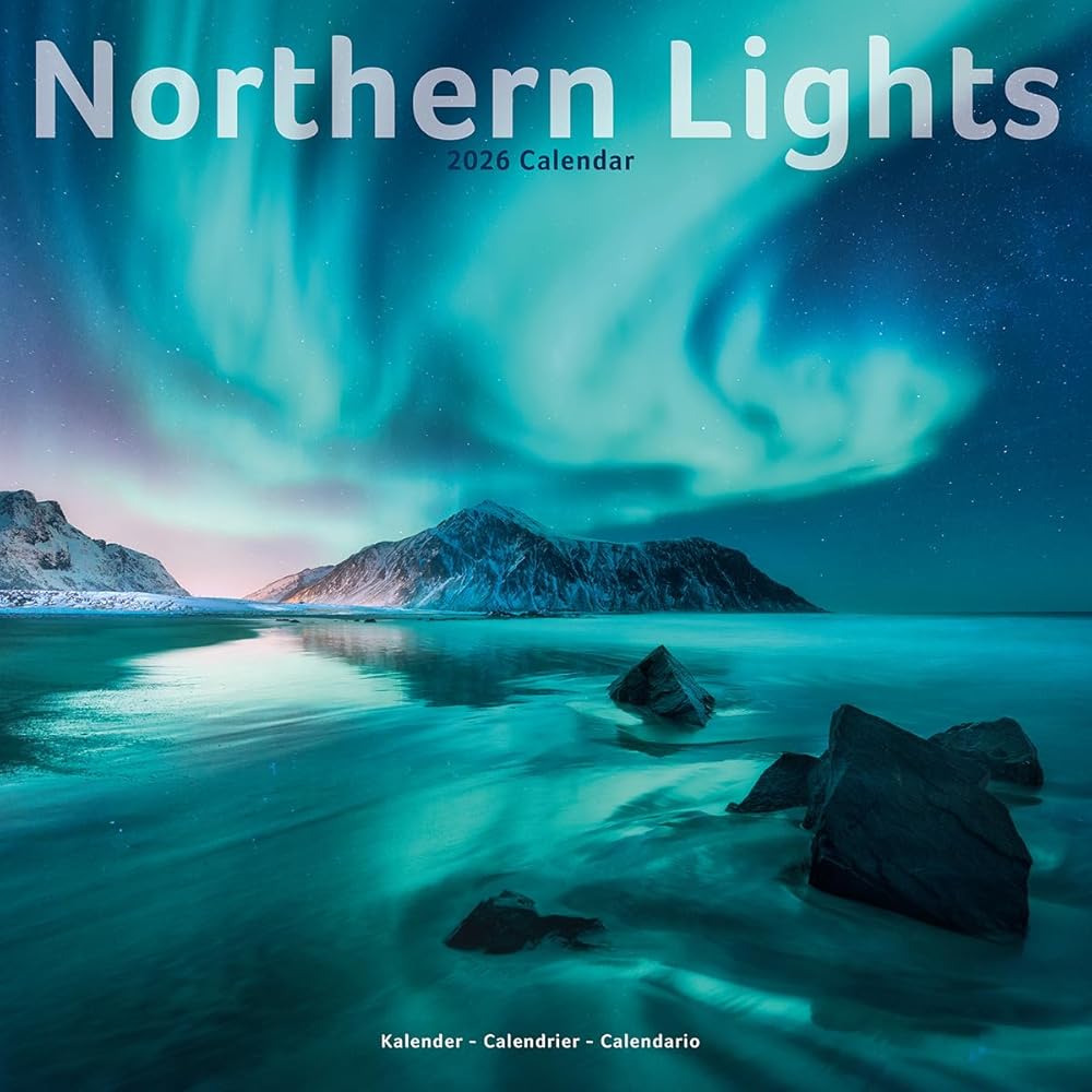 Northern Lights Calendar 2026 | 12 Month Wall Calendar | Avonside Publishing | Plastic Free Packaging cover image